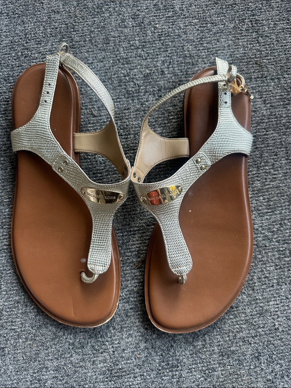 Michael Kors Silver-Tone Textured Thong Sandals with Brown Footbed